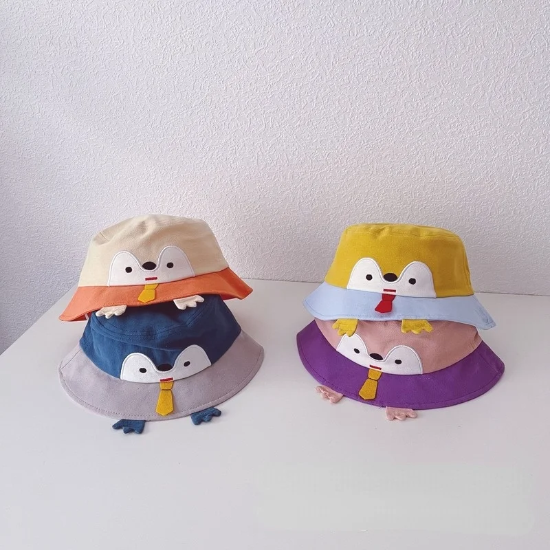 

2021 Autumn Kids Cute Cartoon Little Penguin Children Fisherman Hat Toddler Baby Cotton Fashion Big Eaves Outside Sunshade Hats