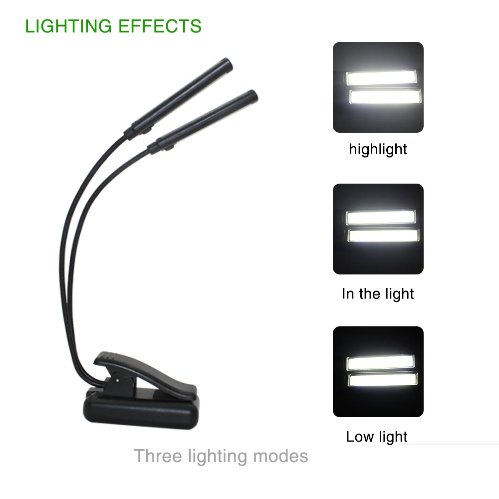USB 2 Led COB Light Build-in Battery Book Reading Lamp Flexible Dual Arms Clip On Torch Flashlight + Cable | Лампы и освещение