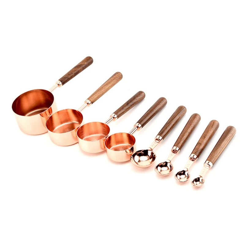 

YD-Kitchen Baking Measuring Cup Set Of 4 Measuring Spoon Set Of 4 Thickened Copper-plated Measuring Spoon Wooden Handle