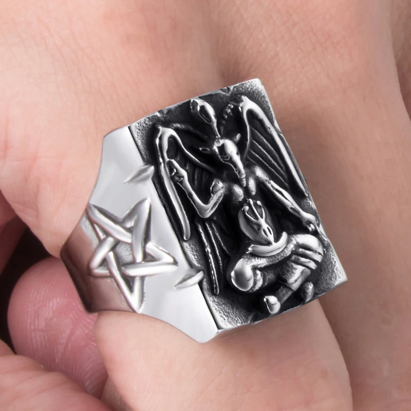 

Elfasio Men's Satanic Rings Baphomet Goat Pentagram Leviathan Cross Skull Devil Demon 316L Stainless Steel Biker Ring Jewelry