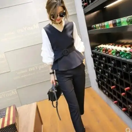 Большой размер Женский комплект 2 шт. Офисная Леди рукав фонарик летний женский