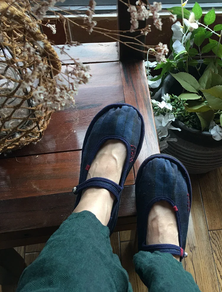 Linen Blue Plaid Женская обувь ручной работы льняной обуви в стиле ретро в китайском стиле; женская Винтажная обувь на плоской подошве с круглым носком; коллекция года; женская обувь на плоской подошве; сезон весна-осень - Цвет: Linen Blue Plaid