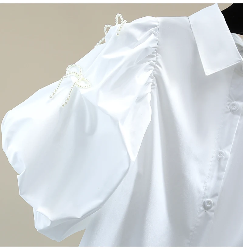 

2021 Summer Beaded Bowknot Puff Sleeve Ladies Shirt Korean Style Loose Solid Color Women Blouses Fashion Simple Casual Tops