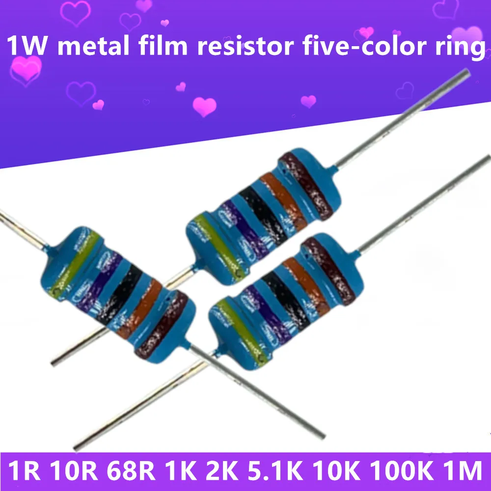 

20Pcs/Lot 1R~2.2M Ohm Resistors Assorted Kit Set 1W Metal Film Resistor 100 150 220R 1K 4.7K 10K 1% Five-Color Ring Resistance