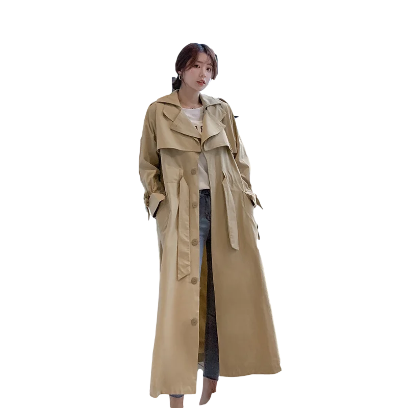 

LANMREM 2021 Spring Classic Khaki Long Trench Coat Turn-down Collar Korean Single-breasted Lace Up Windbreaker For Women 2A3071