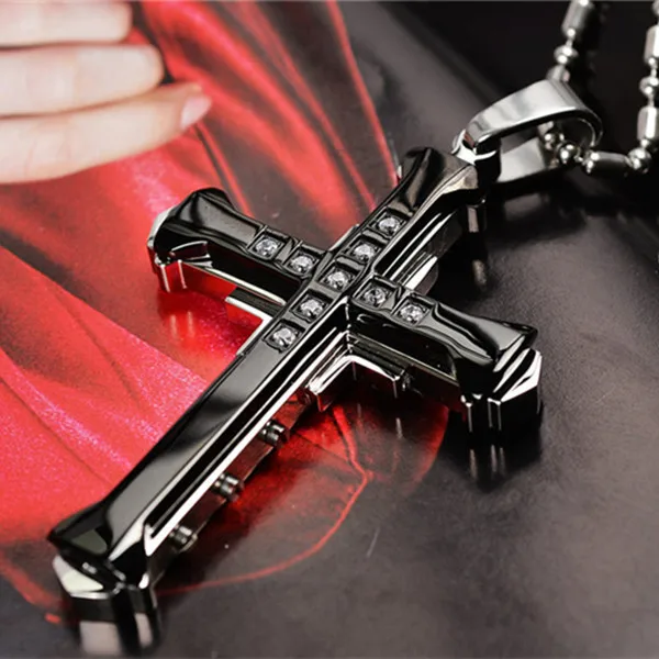 

Men's Crystal Cross Pendant Silver Plated Black Stainless Steel Cross Pendant Jesus Faith Jewelry Men's Faith Necklace