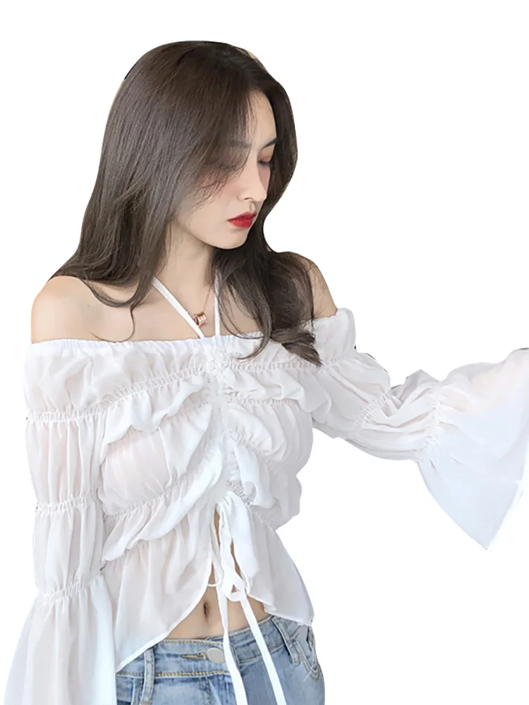 

Crop Top T-shirt New Style Summer Bell Sleeve Halter Neck off-Shoulder Shirred Shirt Elegant Short Navel Versatile Tops Women's