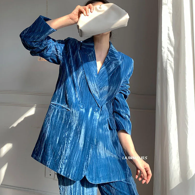 

Autumn 2021 Casual Blue Blazer For Women Notched Collar Long Sleeve Vintage Blazers Female New Clothing Spring Fashionable