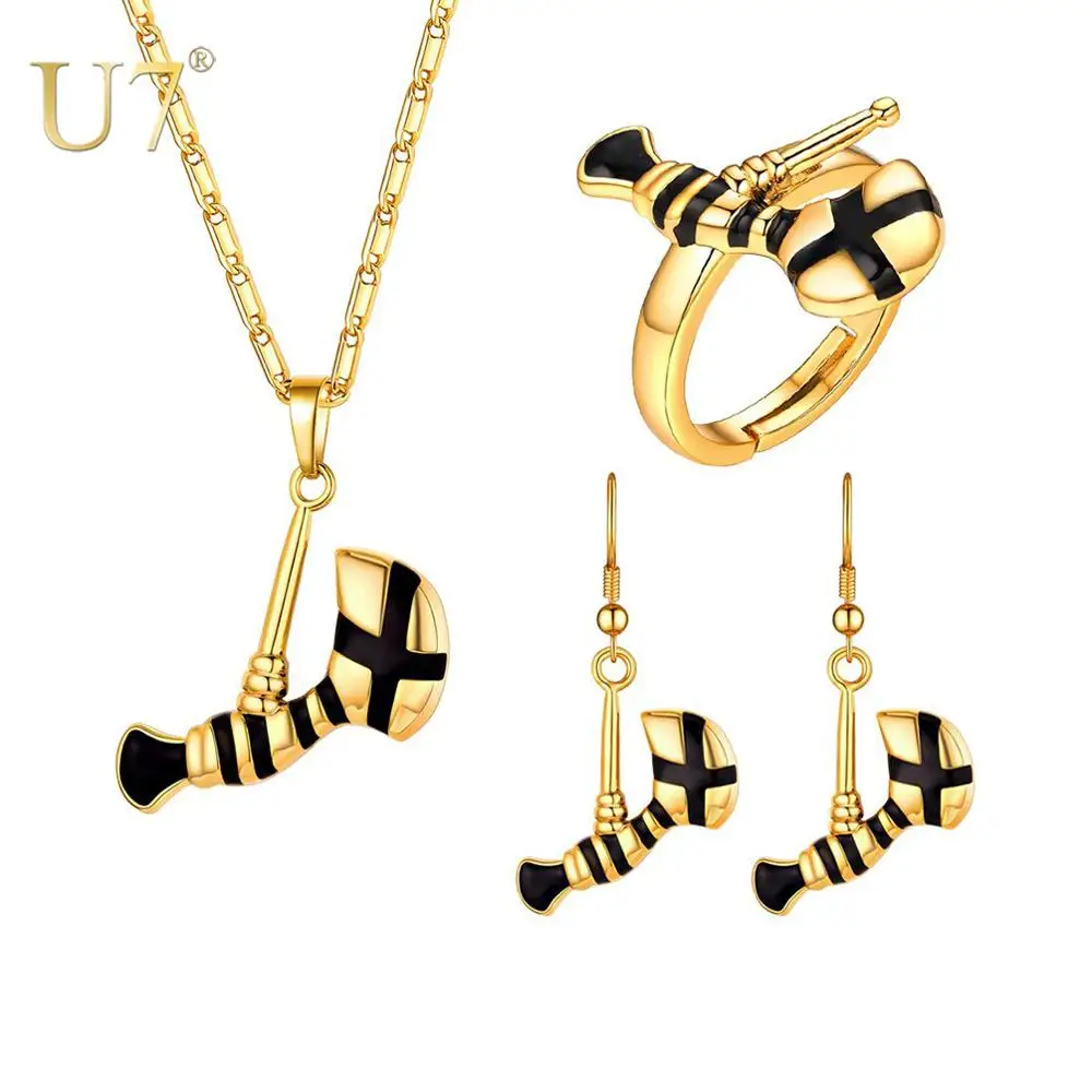 

U7 Axe Pendant Necklace / Earrings/ Resizable Ring Set Gold Color For Women Girl Papua New Guinea PNG Jewelry Party Gifts S1024