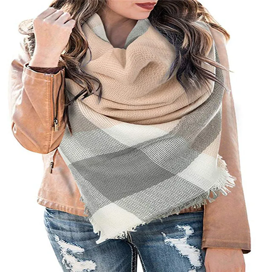 Зимние женские шарфы оверсайз клетчатое треугольное одеяло шарф в клетку шаль