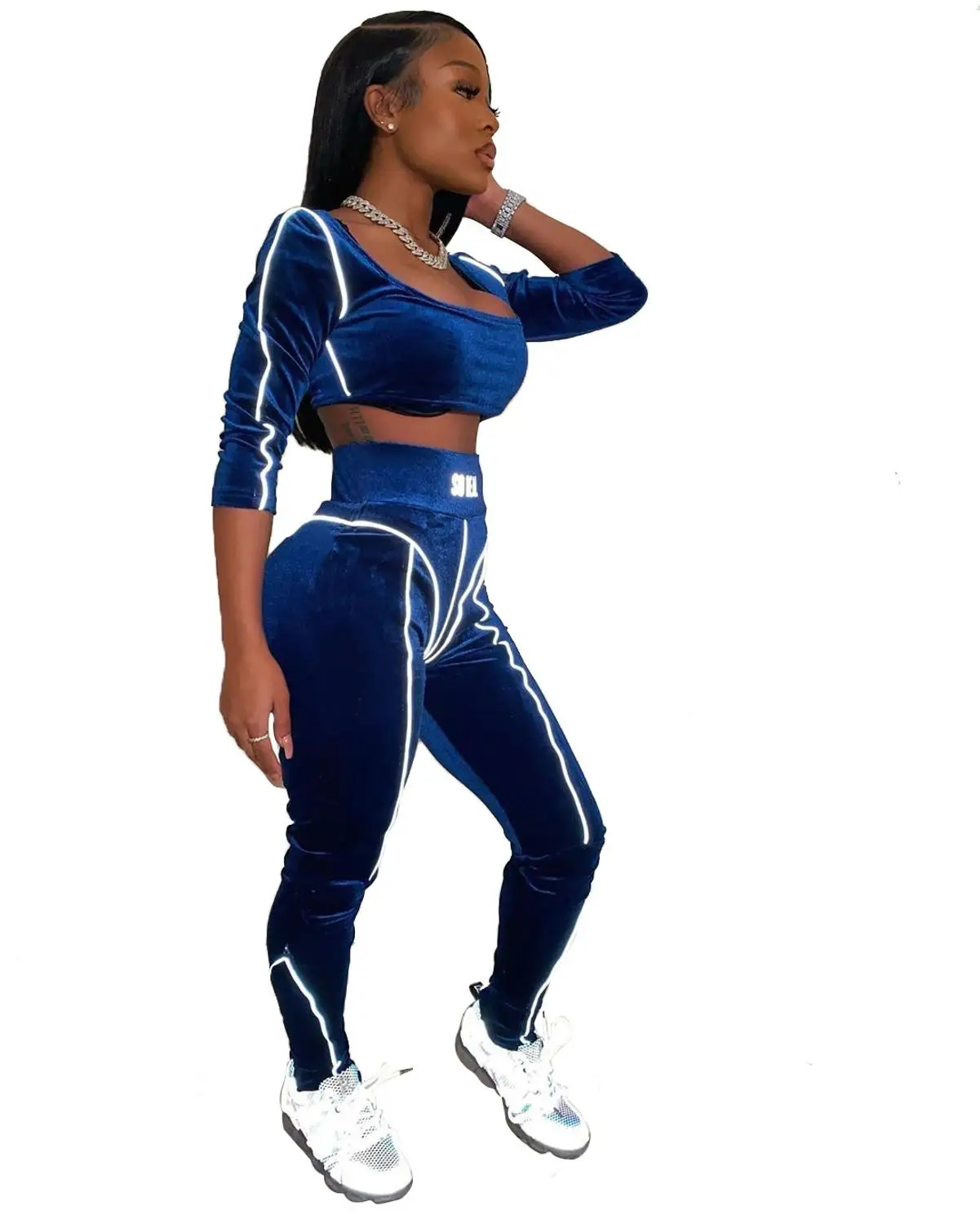

Fashion Square Neck Long Sleeve Tracksuits Solid Pleuche Lady's Tops + High Waist Striped Pencil Pants Outfits For Sports Party