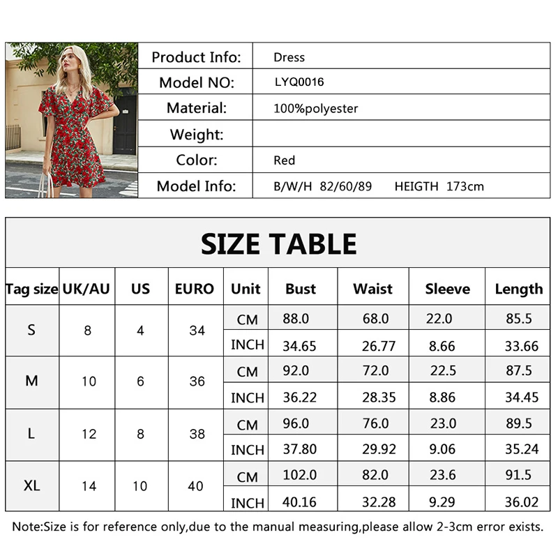 

Summer Women's Dress New European American Women Fashion Ladies V-Neck Slim Elegant Dress Female Red Flower A-Line Short Dresses