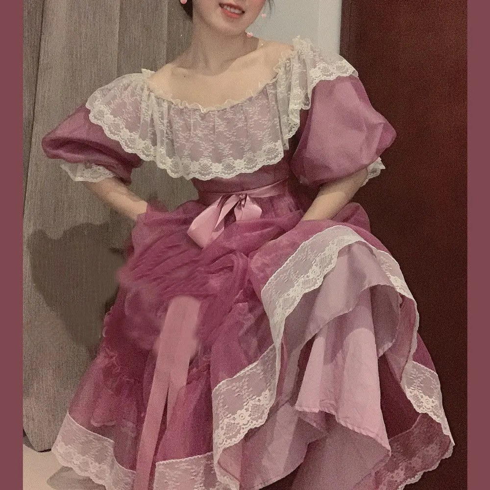 

Purple Organza Lace Ruffled One-shoulder Victorian Dress Long Skirt Literary Retro Fairy Dress Bridesmaid Dress