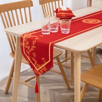1 piece red table runner hi word pattern cotton linen european embroidered tapestry wedding table runners decoration 35180cm