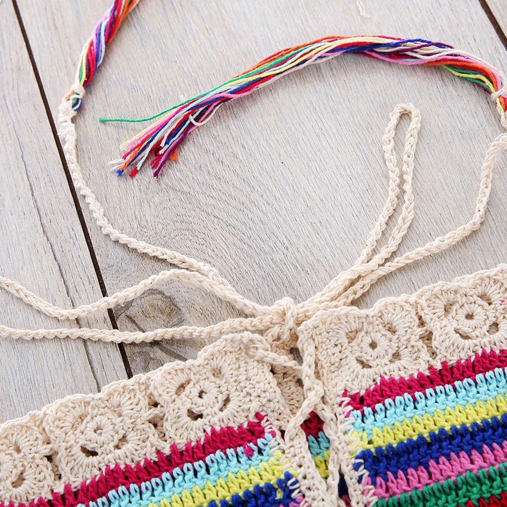 

Bohemian Rainbow Handmade Crochet Knitted Bikini Set Womens Sexy Drawstring Lace Up Bandeau Tube Top Shorts Beach Swimsuit