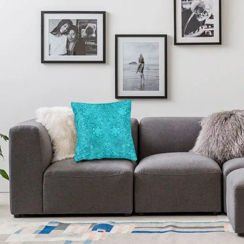 

Turquoise Leather Texture Cushion Cover Embossed Floral Pattern Floor Pillow Case for Living Room Pillowcase Home Decorative