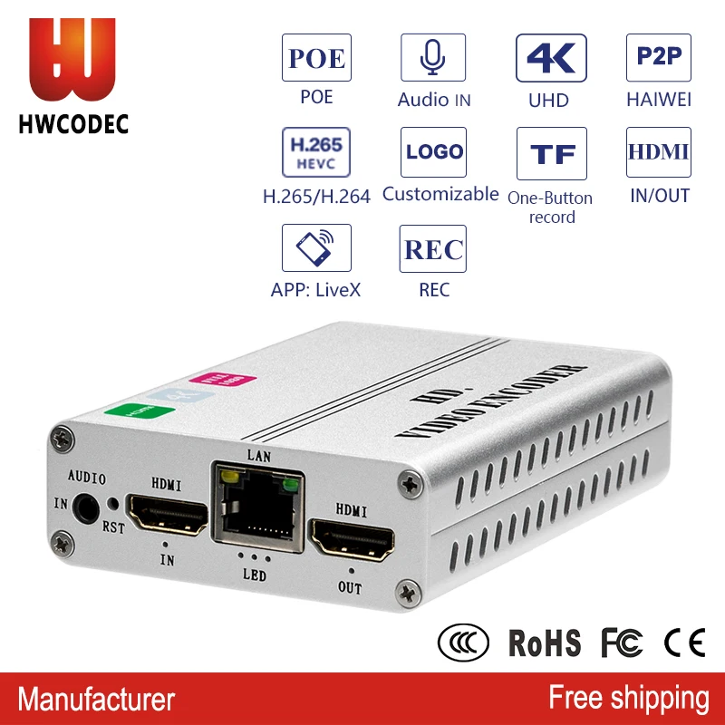 Кодировщик HWCODEC K1S P POE 4K UHD HDMI IP для прямой трансляции видео кодировщик H.264 H.265 IPTV с