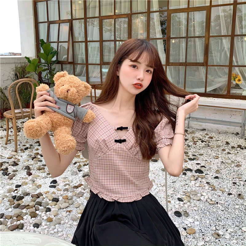 

Plaid Women's Clothing V-neck Ladies Tops Sweet Crop Top Blouses Fashion Brand Vintage Shirts Puff Sleeve Blusas Mujer De Moda