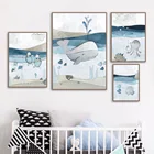 Картина на стену в скандинавском стиле с изображением голубого морского Кита, черепахи, осьминога, настенные картины для девочек и мальчиков, декор для детской комнаты