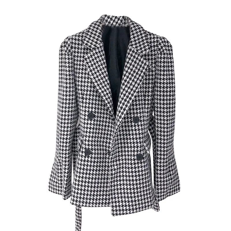 

2021 Vintage Coats New Autumn Winter Houndstooth Blazers Women Jacket Woolen Pocket Checkered Puff Sleeve Lace Up Wild Tops Slim