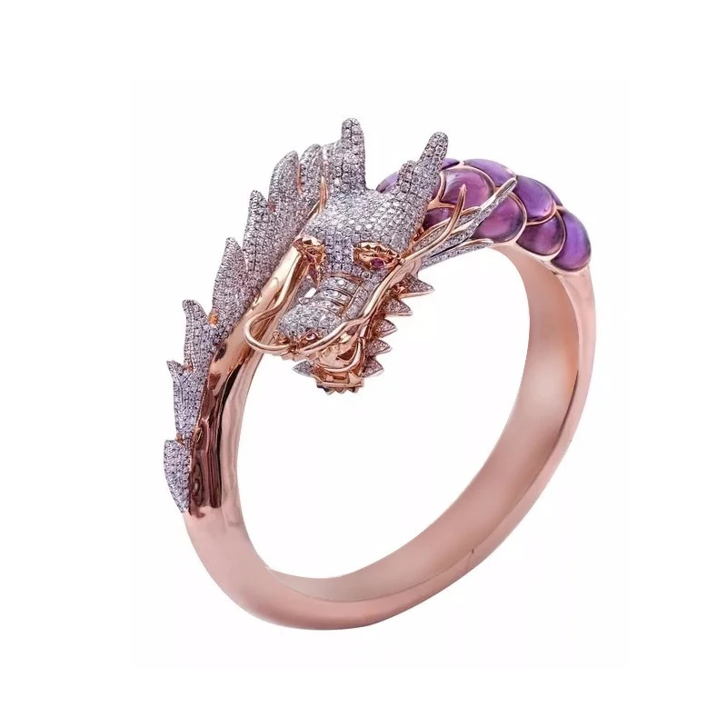 Кольцо женское с фианитами розовое золото инкрустацией в виде фиолетового