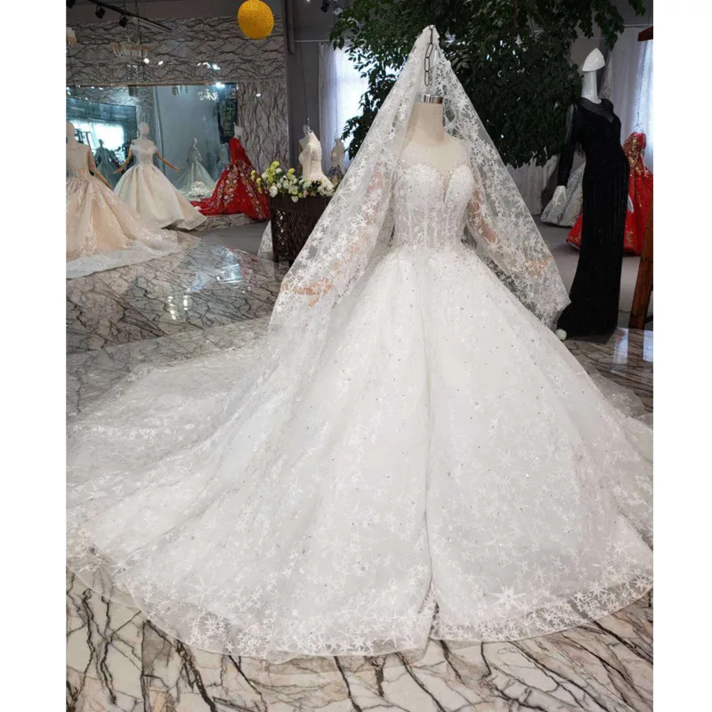 

BGW HT565 Ball Gown Like White Wedding Dresses With Wedding Veil Illusion O-neck Wedding Gown With Train 2020 New Fashion Design