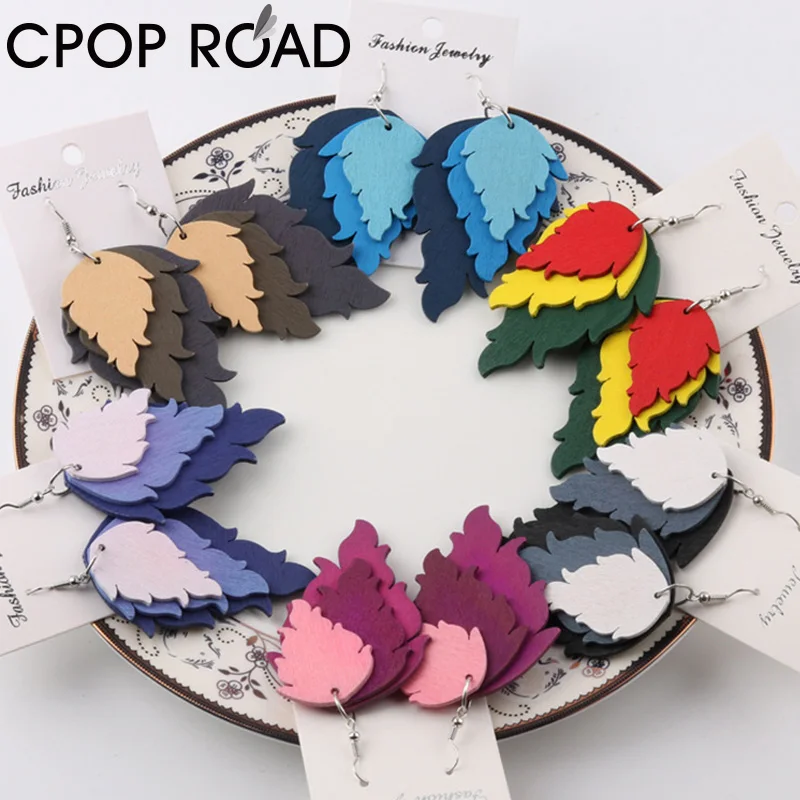 Cpop цветные деревянные серьги для женщин и девушек Легкие Подвесные с листьями