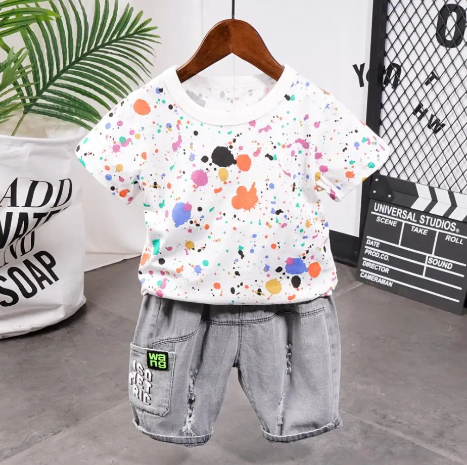 

Children's suit 2022 Kids Clothing Summer Boy short-sleeved T-shirt+Hole letter Denim shorts 2pcs set of Kids Clothes set