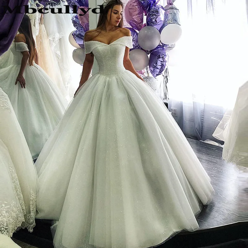 Mbcullyd Бальное Платье Свадебное С Блестками Бисером открытыми плечами женское