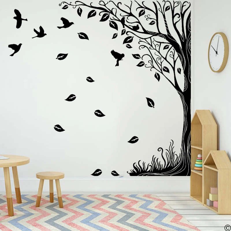 Pegatina de pared de hojas de pájaro y árbol lateral grande, calcomanía de vinilo para decoración de habitación de niños, dormitorio, sala de juegos, rama de árbol, selva, bosque