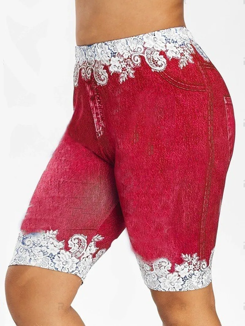 

Shorts Women Plus Size Pants Leggings Summer Fake Denim Ladies Short Pants Summer Floral Printed High Waist Female Shorts