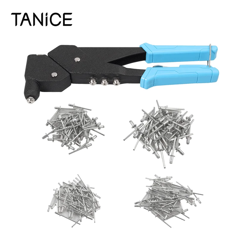 

TANiCE 360°Rotatable Heavy Duty Rivet Gun Hand Riveter With 4 Sizes Rivet Hole & 200Pcs Rivets Tool Set For Metal Pipe Furniture