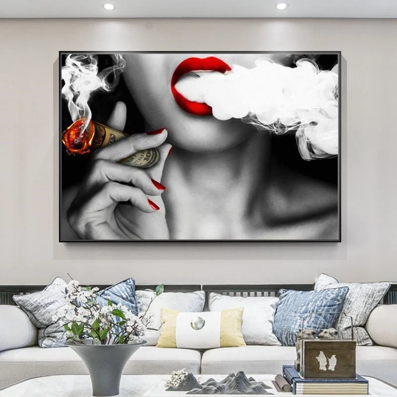 

Sexy Girl Smoking A Cigar Posters And Prints Red Lips Wall Art Canvas Prints Modern Pop Art Paintings For Home Wall Decoration