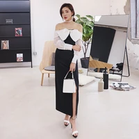office lady female elegant black white bow strapless women dress long sleeves slit high waist a line long slim party dress