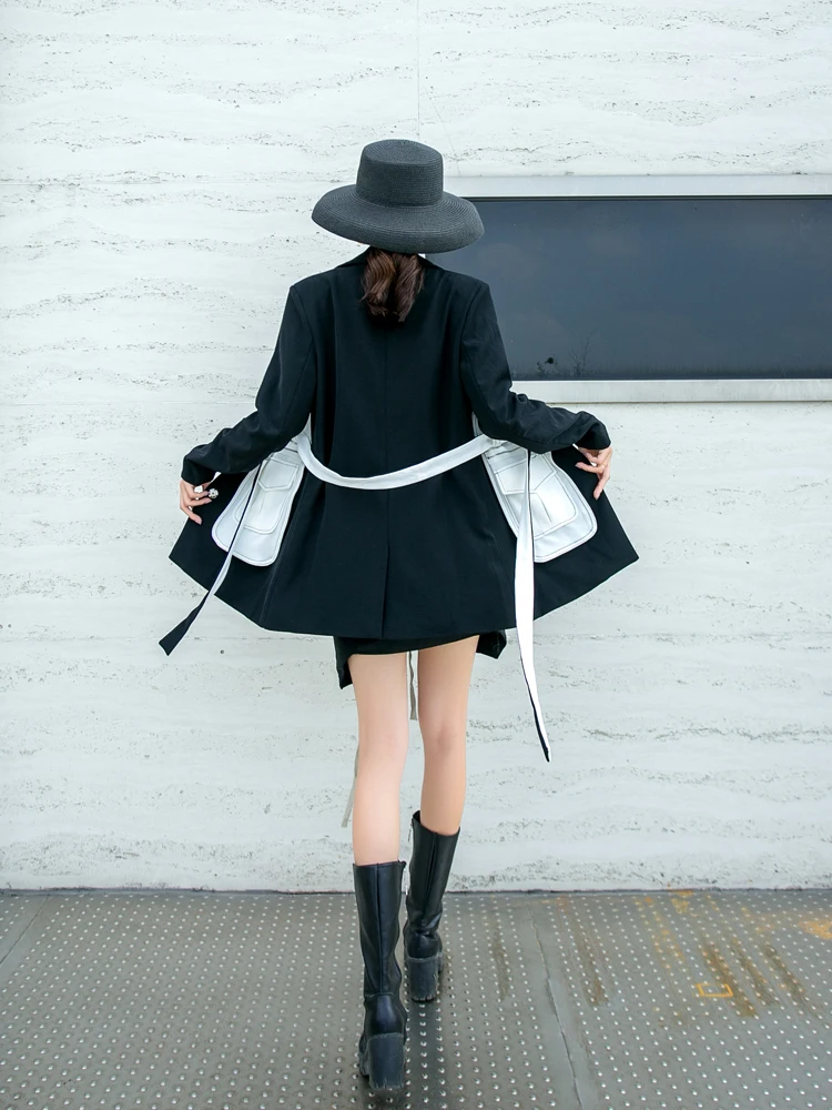 

2020 Autumn Black and White Retro Patchwork Notched Waist Slim Long Suit Jacket Women Blazers