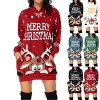 womens fashion casual merry christmas knee length sweatshirt long sleeves hooded pullover oversize dress with pockets