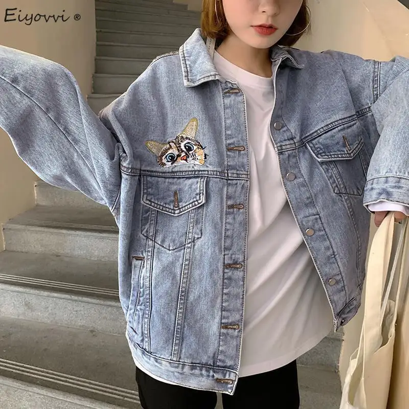 

Spring Autumn Denim Jacket Women 2021 New Korean Cartoon Embroidery Loose Jeans Outwear Female Casual Loose Cowboy Outwear