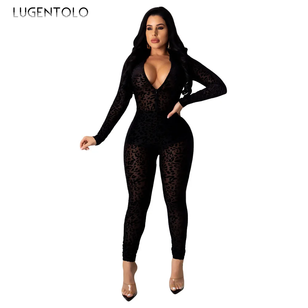 

Lugentolo Women's Sexy Mesh Jumpsuit Fashion Leopard Long-Sleeved V-neck Perspective Solid Color Female Bodycon Jumpsuit