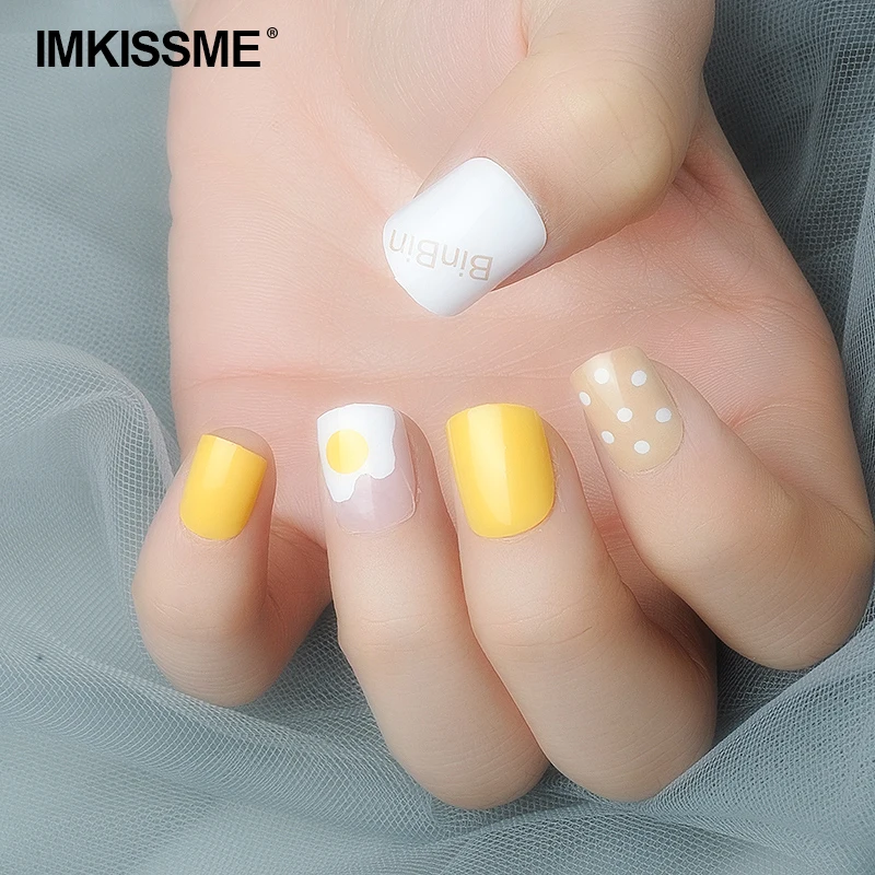 

IMKISSME Yellow Omelette Fake Nails Art Tip Press on Nails with Glue Designs Full Artificial Cover IK59