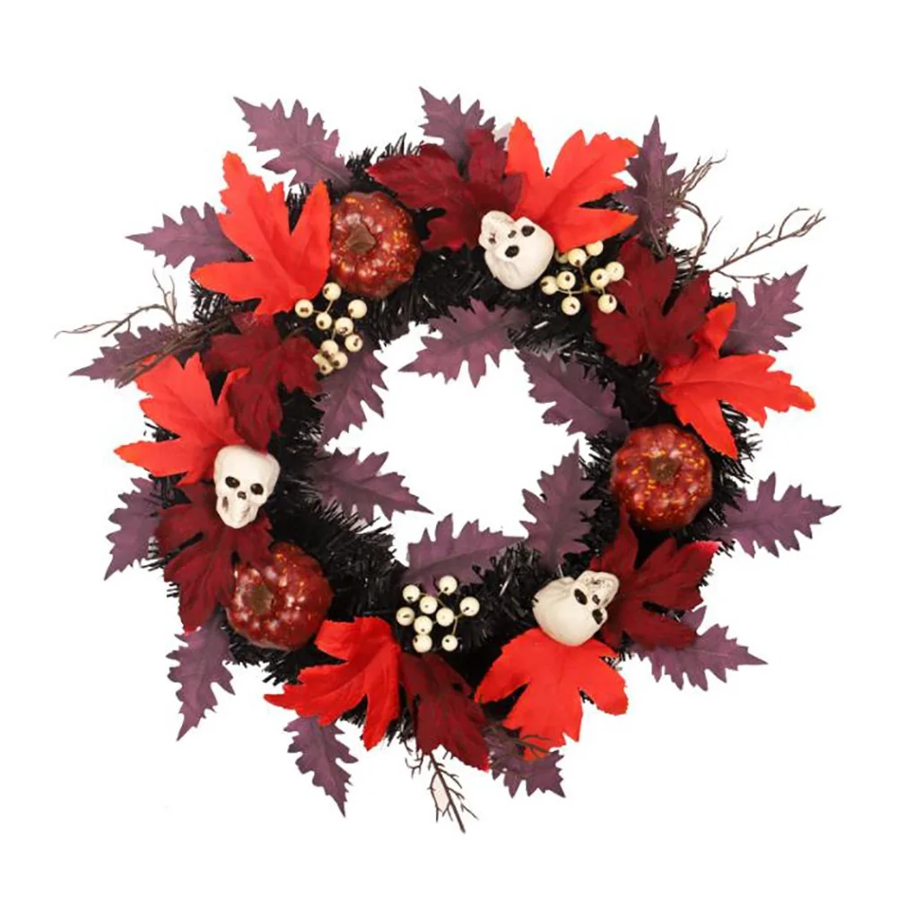 

Сетчатый венок на Хэллоуин с изображением сосны, черепа, кленовых листьев, подвесной ротанговый Круглый венок, домашний декор