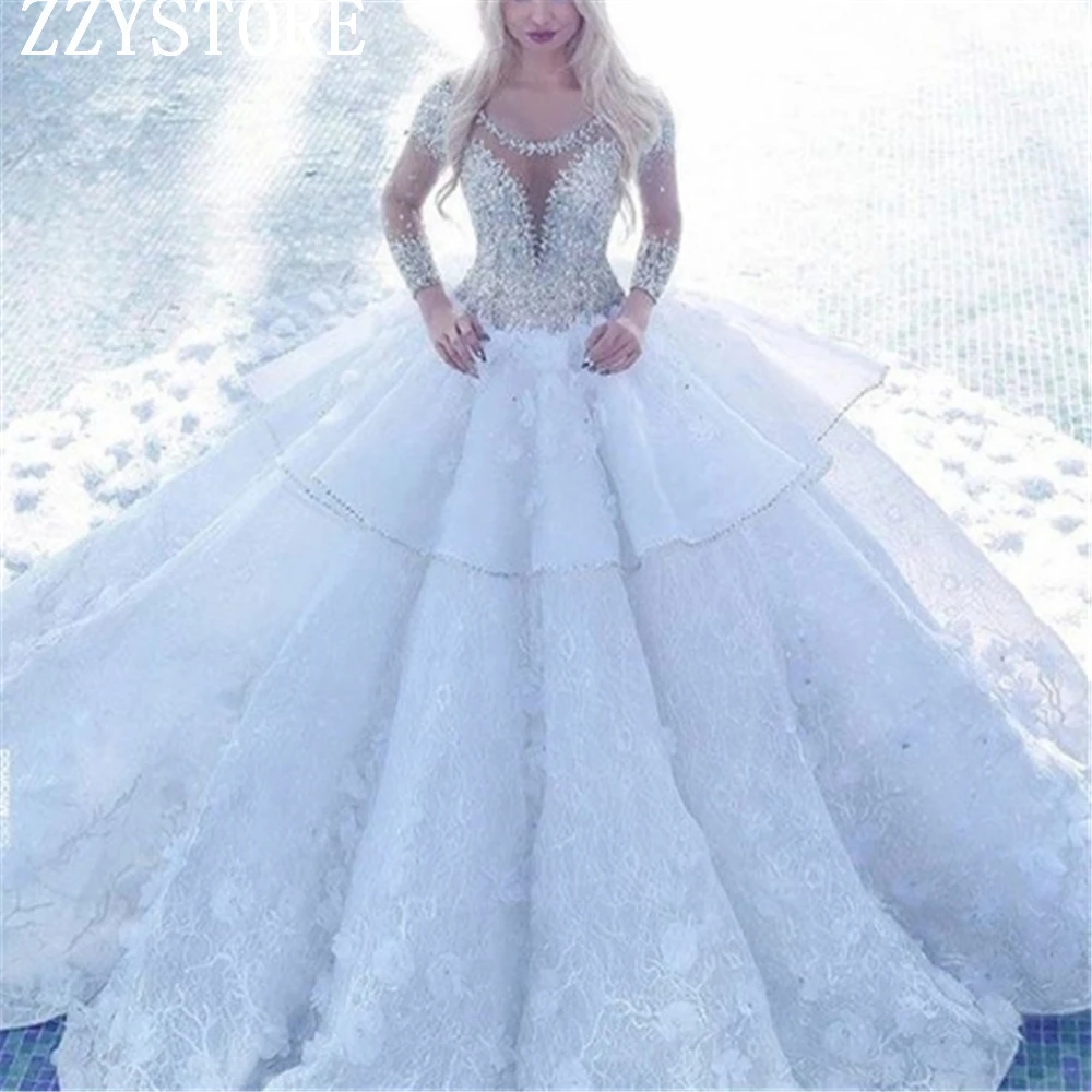 

Великолепное белое свадебное платье с блестками и бусинами, с объемными цветами, с бусинами, с рукавами, бальное платье, кружевное свадебное...