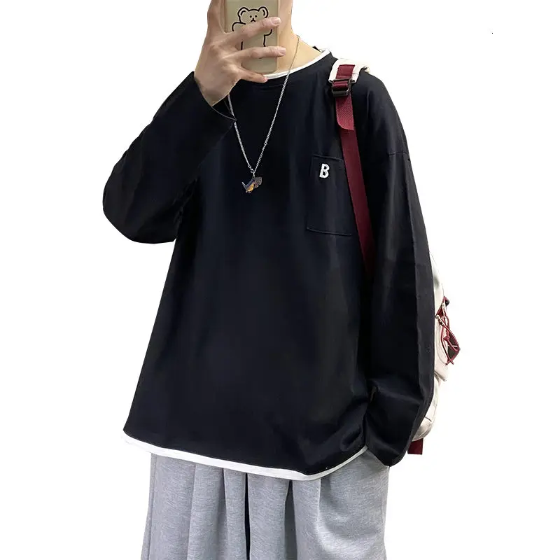 

10-colors Casual T-shirt Men's Long Sleeve Embroidery Fake Two Pieces Loose Sports Tops Streetwear O-neck All-match Male Clothes