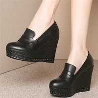 chunky platform oxfords shoes women genuine leather wedges high heel pumps female slip on round toe mary jane shoes casual shoes
