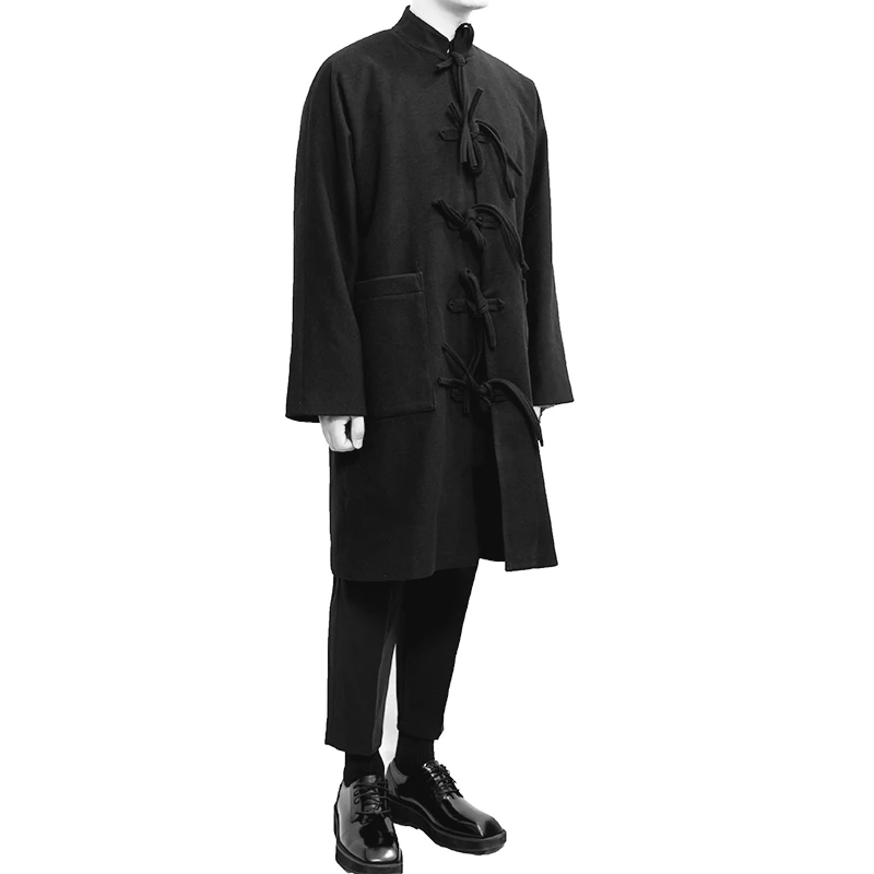 Пальто мужское весенне-осеннее черное приталенное с воротником-стойкой и