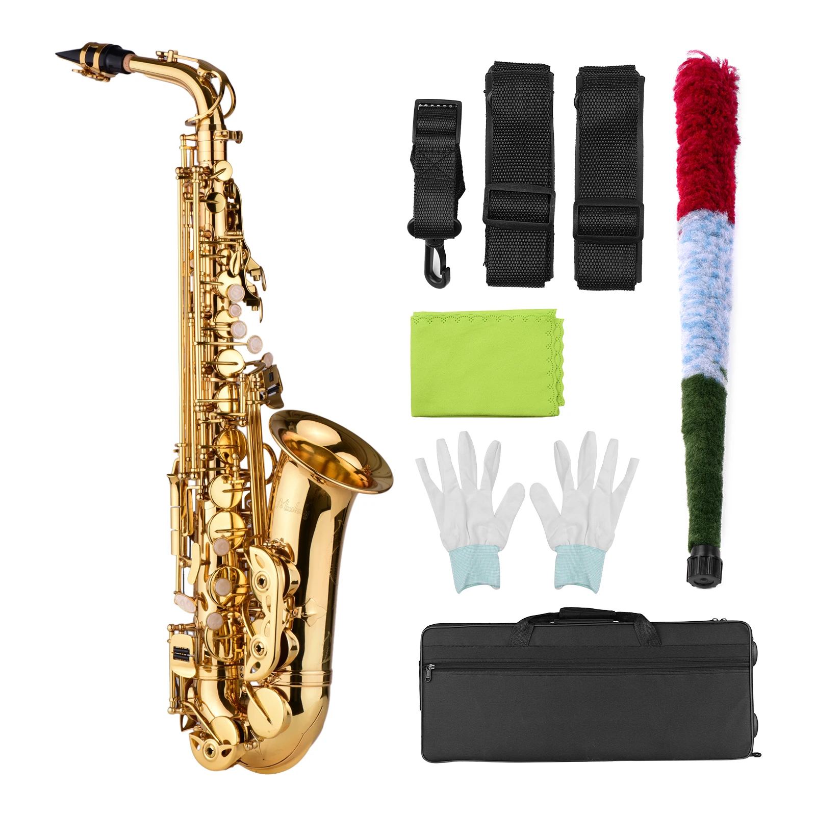 

Muslady AS100 Eb Alto Saxophone Brass Lacquered Alto Sax Wind Instrument with Carry Case Gloves Straps Cleaning Cloth Brush