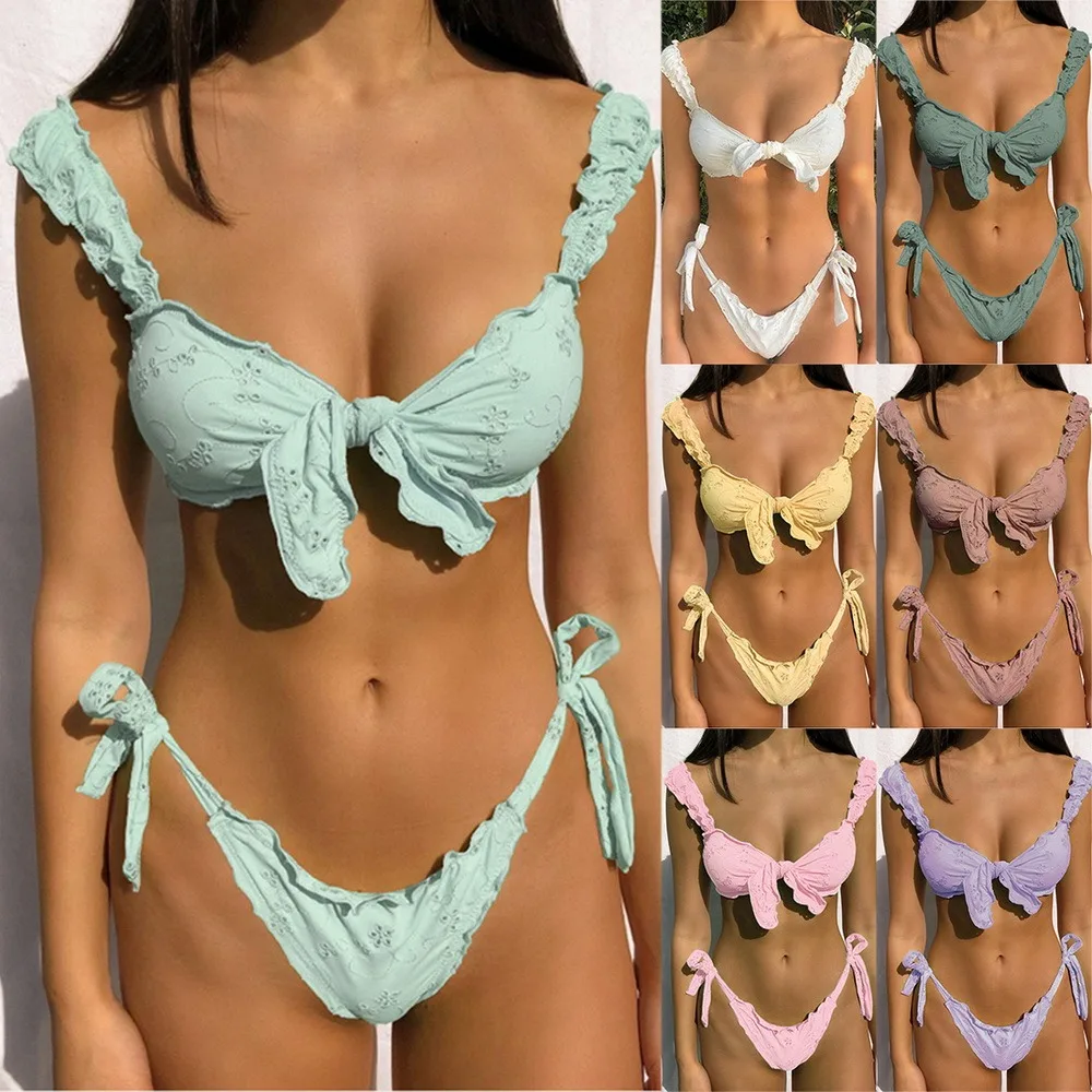 

Sexy Women Bikini Sets Solid Color Ruffled Swimwear Bathing Suits 2 Piece Split Push Up Bandage Beachwear Mujer Thong Biquini