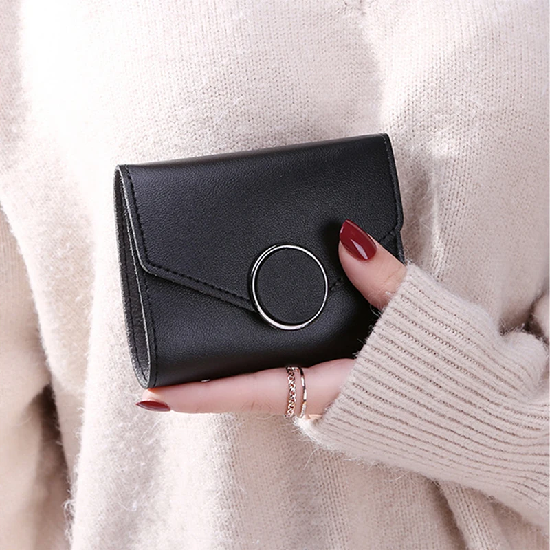 

New Fashion Style Women Short Wallet Metal Ring Design Hasp Coin Purse Credit Card Holders Handbag Ladies Leather Purses Bag