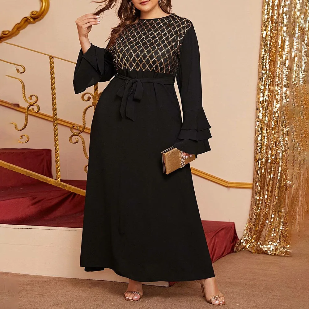 Женское шифоновое платье макси в клетку с блестками и длинным рукавом|Платья на