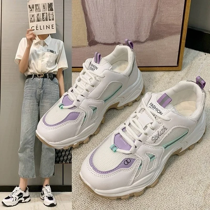 

Women Chunky Sneakers Fashion Solid Color Platform Shoes Lace Up Breathable Mesh Vulcanize Shoes Women Casual Shoes 2021 Autumn