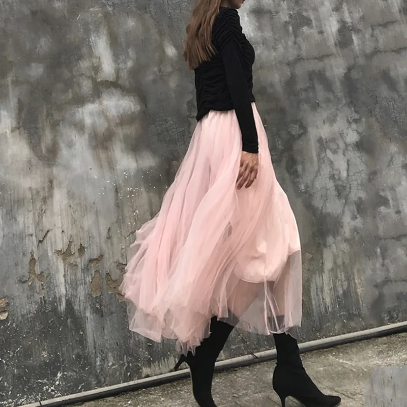 Женская длинная юбка LANMREM розовая сетчатая свободная 2019|Женские юбки| |